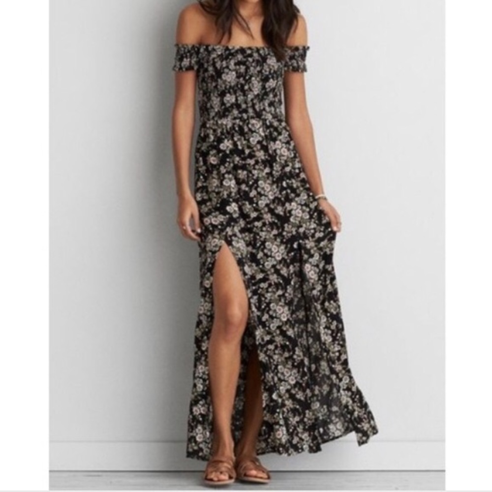 American Eagle Black Floral Off Shoulder Maxi
